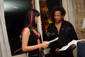 Filming on Set Ryan Adams reviews lines with actress
